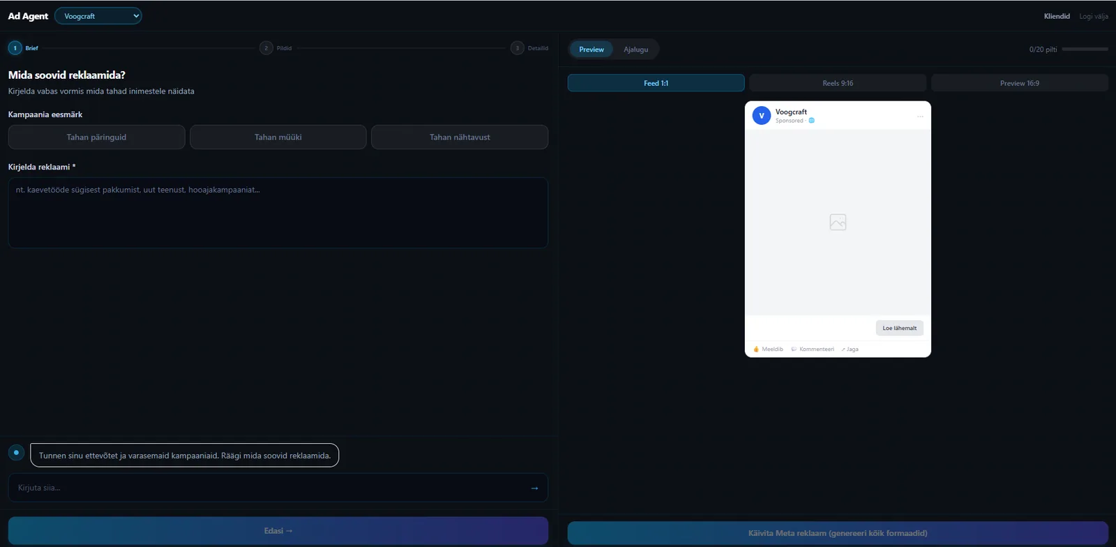 AI reklaamiagent - kampaania brief: eesmärgi valik ja reklaami kirjeldus, AI-chat ja live Meta-eelvaade