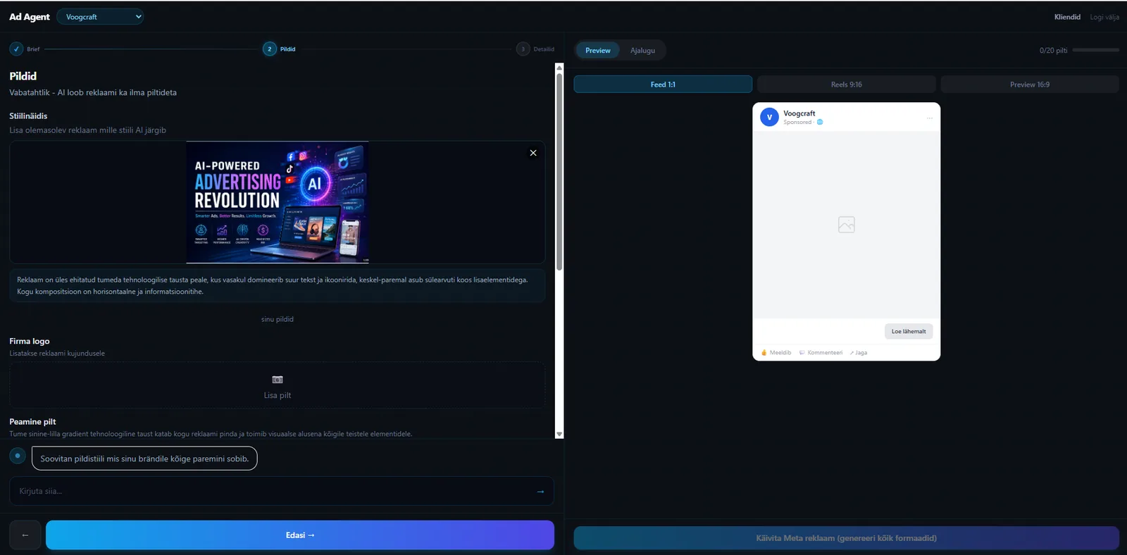 AI reklaamiagent analüüsib üles laetud näidisreklaami stiili ja loob pildi-slotid