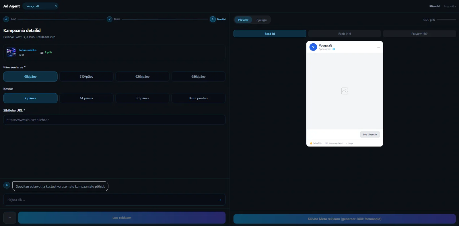 AI reklaamiagent - kampaania detailid: päevaeelarve, kestus, sihtlehe URL ja reklaami loomine